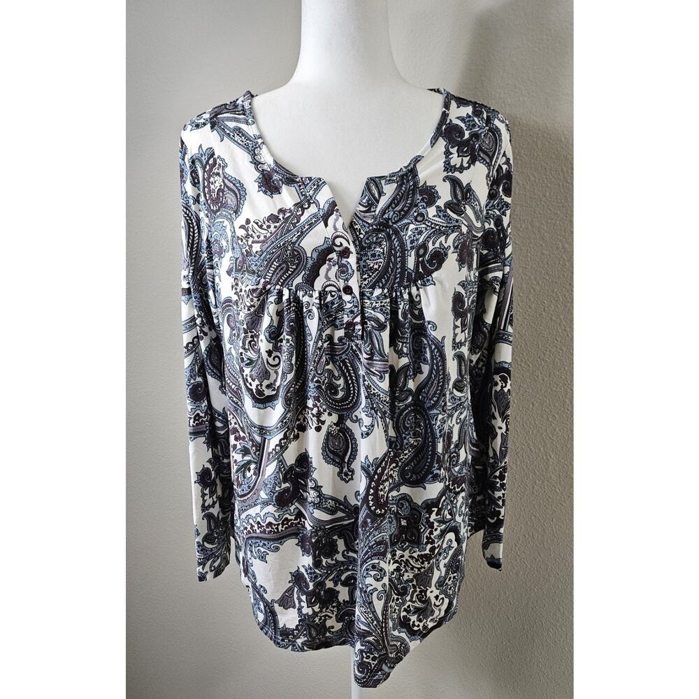 a.Jesdani Polyester Spandex Paisley Print V-Neck Button Blouse Long Sleeve Large